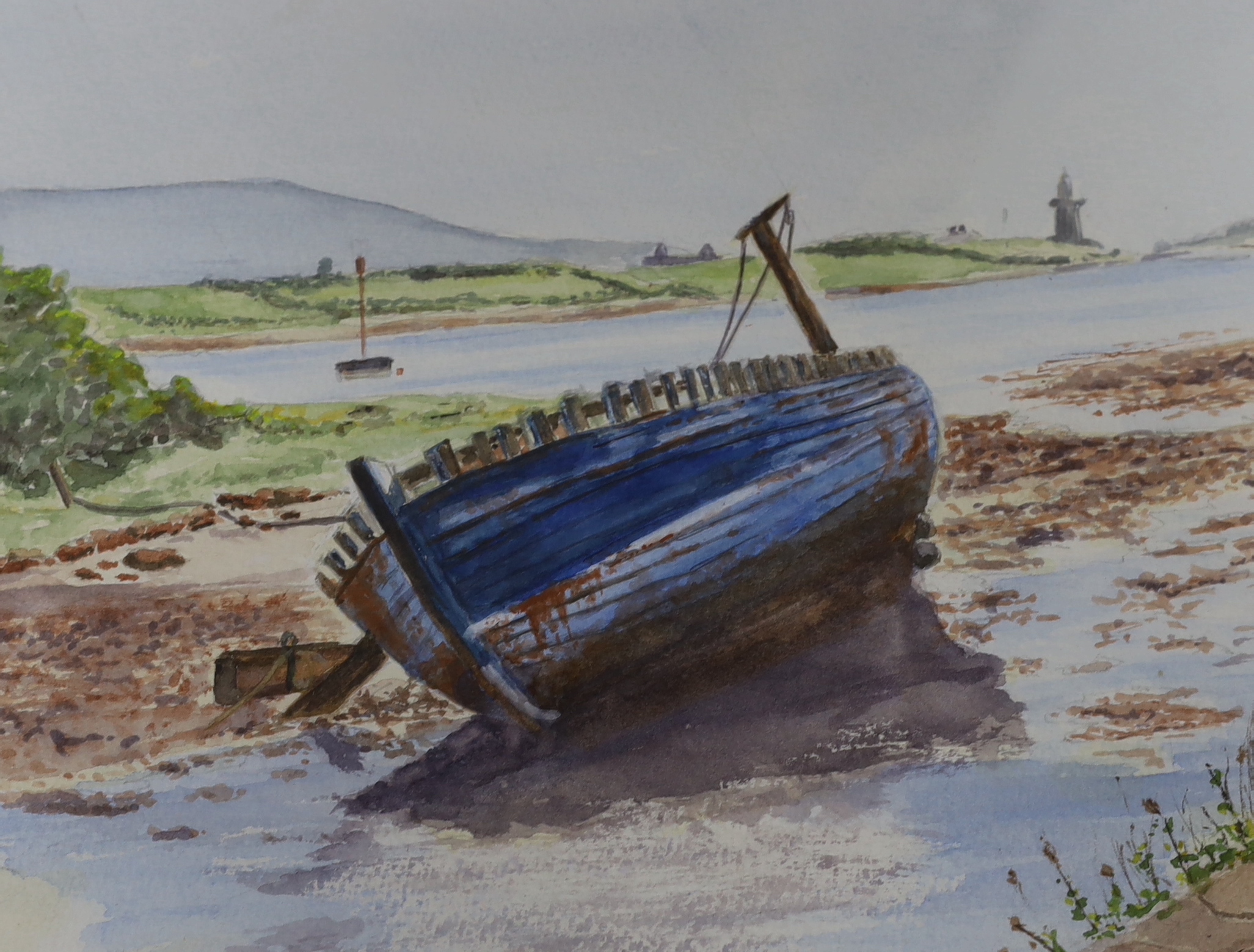 Hal Mileham (contemporary), watercolour, Beached fishing boat, signed, together with two engravings, one hand coloured, largest 22 x 29cm